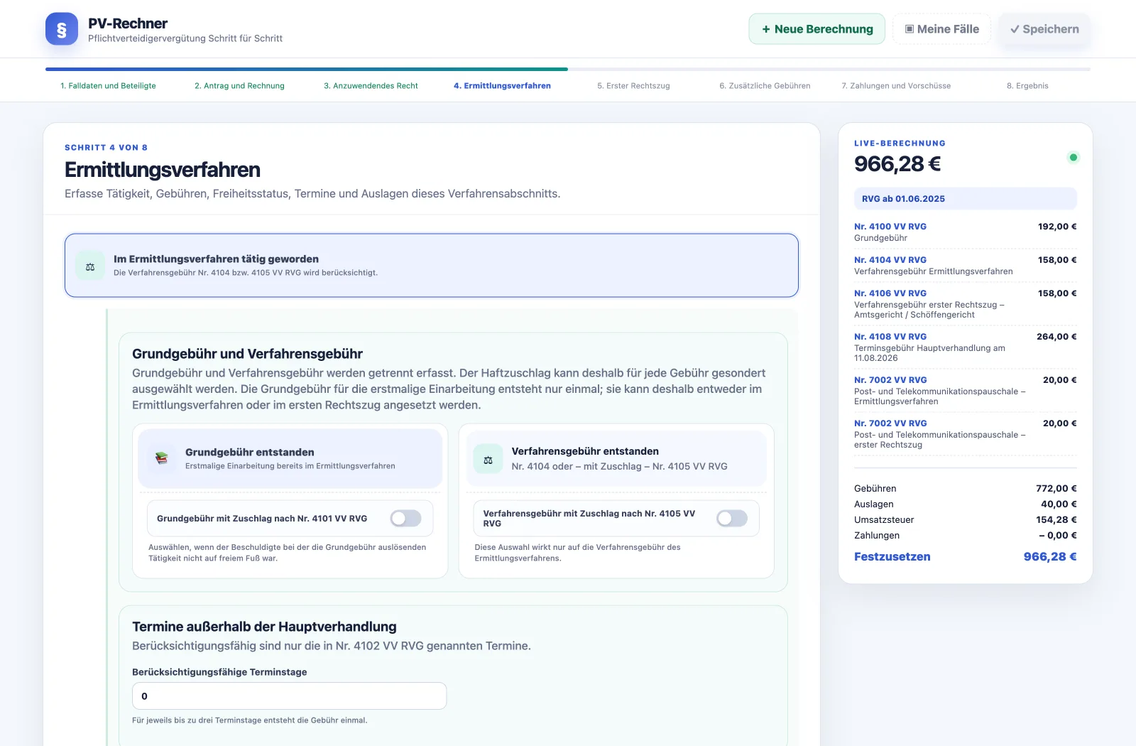 Schritt 4 des PV-Rechners: Ermittlungsverfahren mit Grundgebühr, Verfahrensgebühr und der Live-Berechnung am rechten Rand